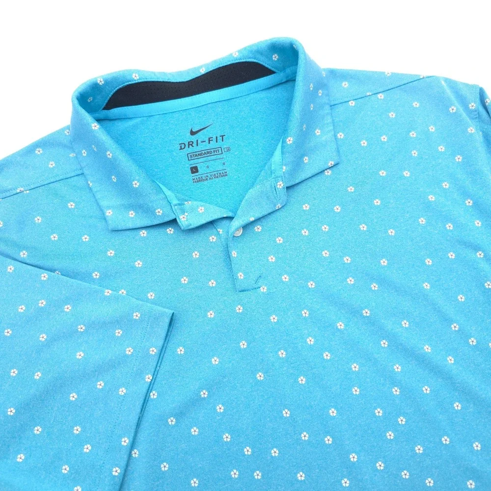Nike Dri-FIT Mens Large Blue Floral Print Golf Polo Shirt Standard Fit Short Slv